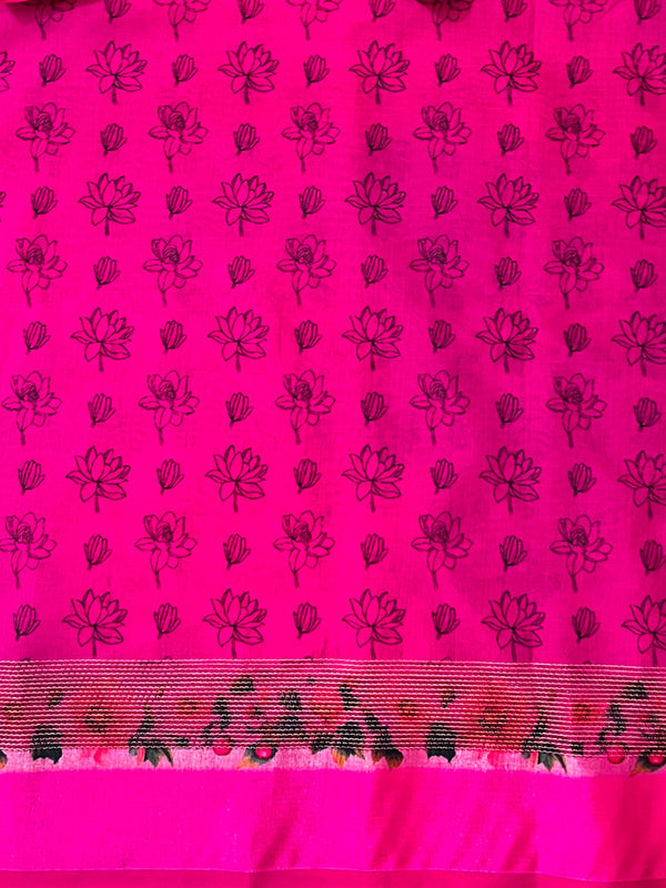 Banarasee Handloom Cotton Silk Saree With Digital Floral Prints & Contrast Border-Green