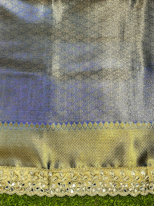 Banarasee Handloom Tissue Saree With Zari Woven Design & Contrast Lace Border-Blue