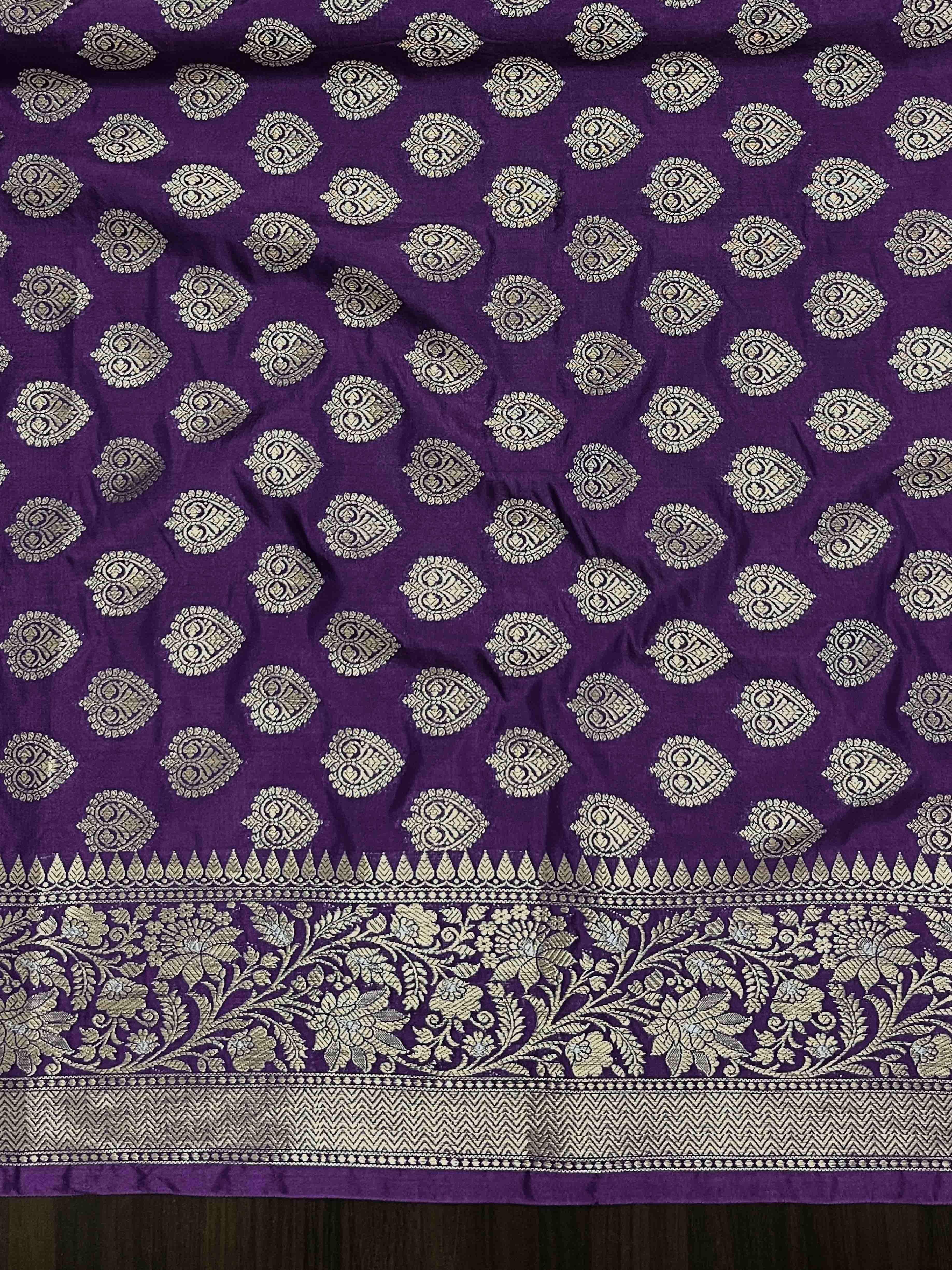 Banarasee Handloom Semi Silk Saree With Sona Rupa Zari Buta Design Floral Border & Lace-Violet