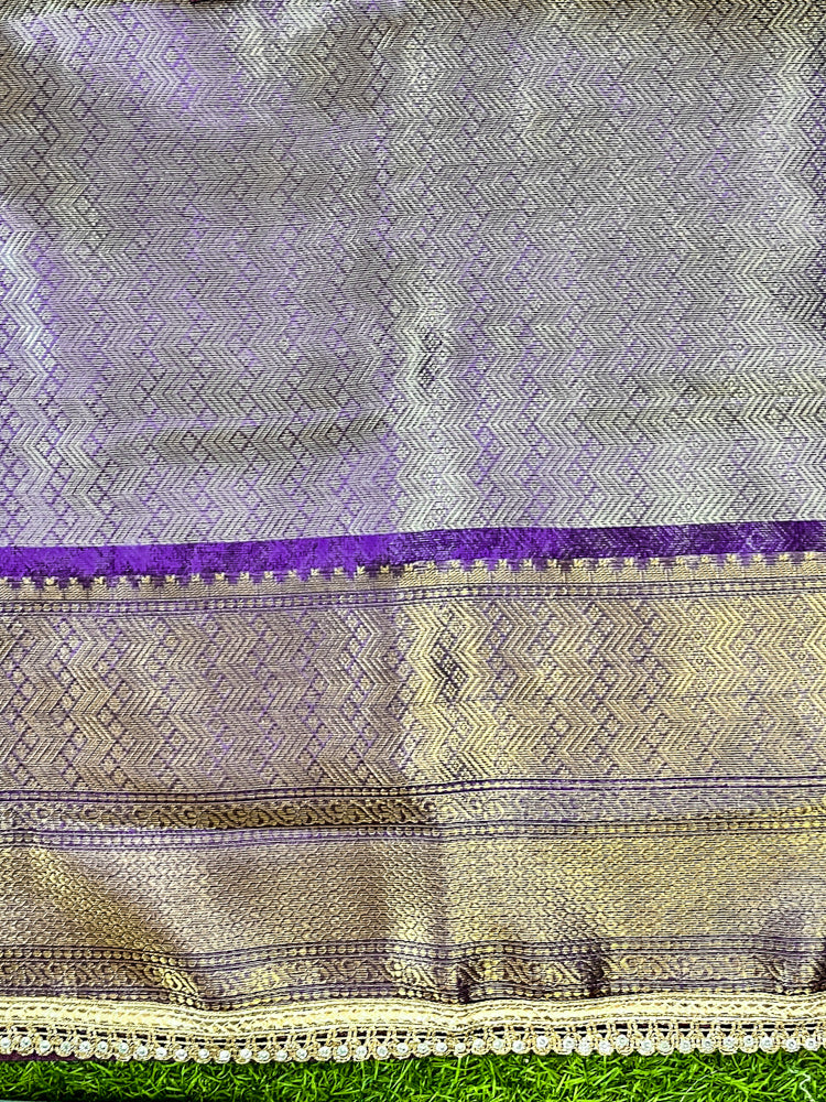 Banarasee Handloom Tissue Saree With Zari Woven Design Broad Border & Lace-Purple