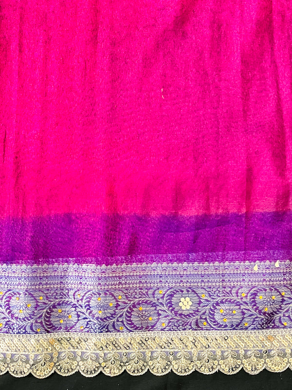 Banarasee Tissue Hand Embroidered Mirror Work Saree With Pearl Motifs & Swarovski Work-Violet & Magenta