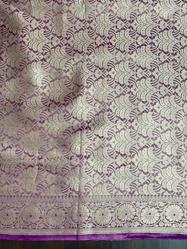 Banarasee Handloom Tissue Saree With Zari Buta Design Border & Lace-Lilac