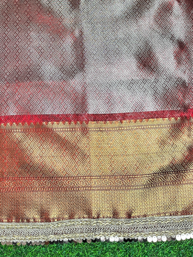 Banarasee Handloom Tissue Saree With Zari Woven Design Broad Border & Lace-Red