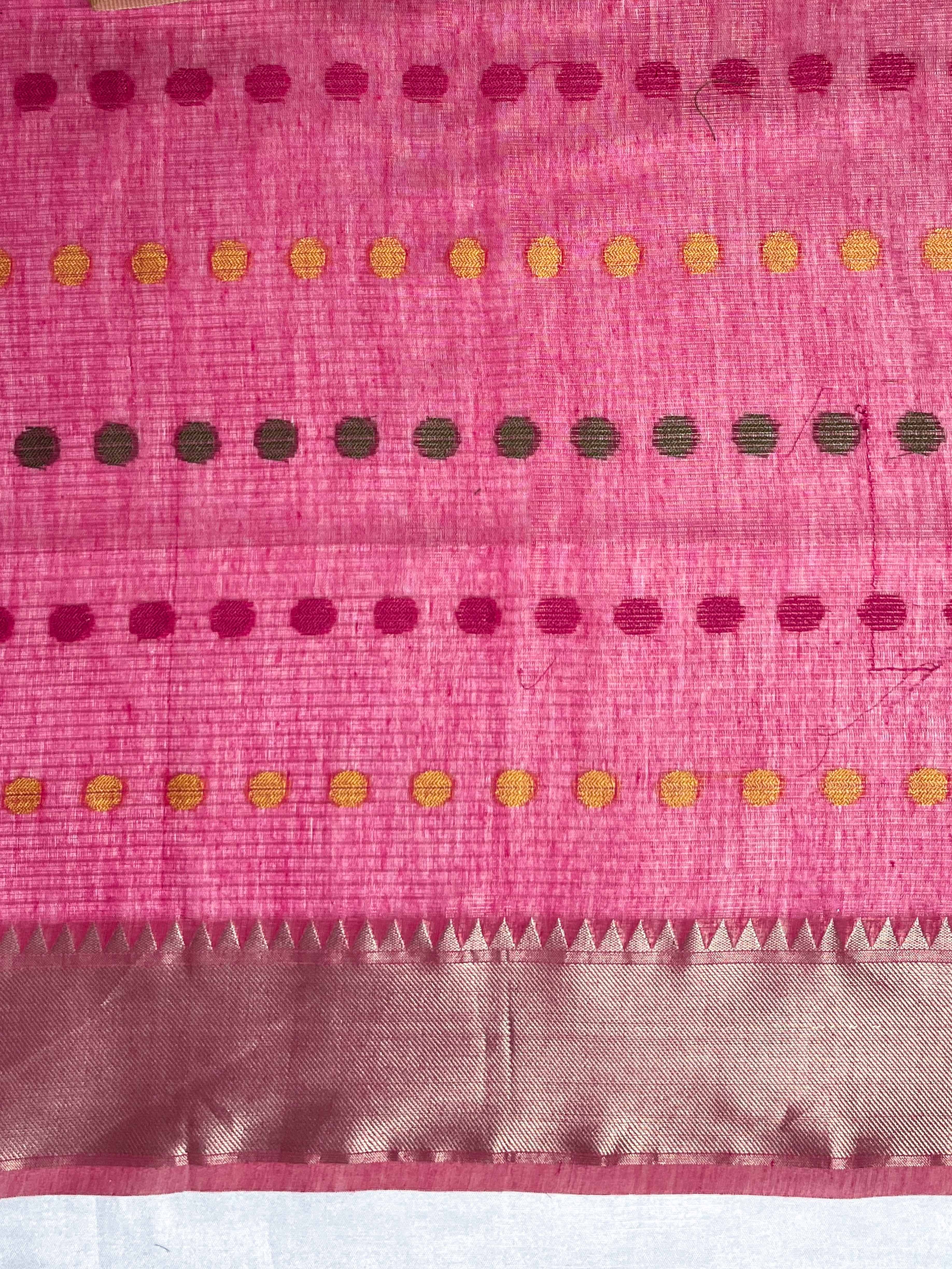 Banarasee Handloom Tissue Saree With Thread Embroidery & Contrast Pallu-Yellow & Pink