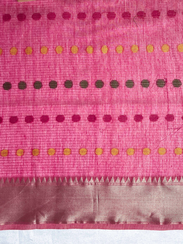 Banarasee Handloom Tissue Saree With Thread Embroidery & Contrast Pallu-Yellow & Pink