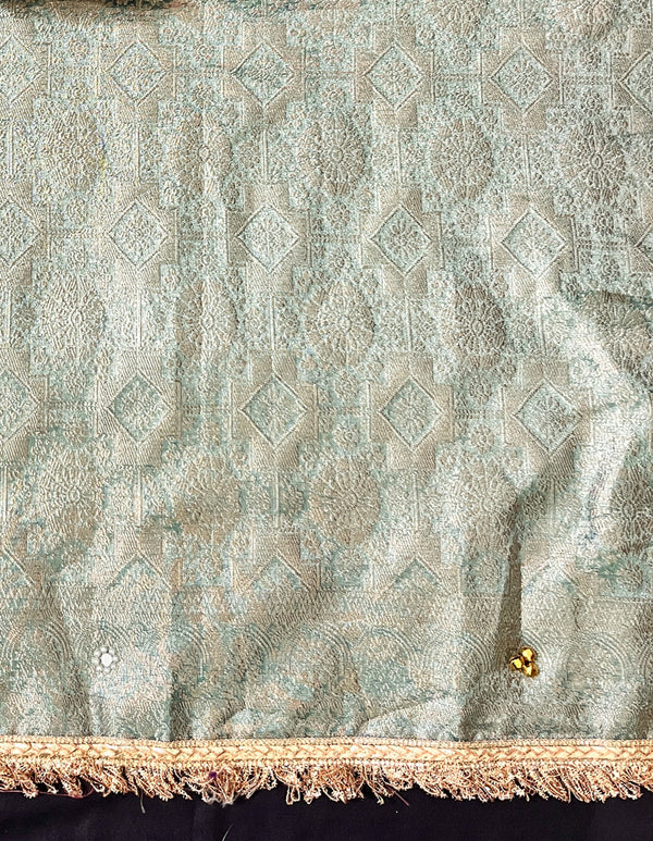 Banarasee Tissue Hand Embroidered Mirror Work Saree With Zari Resham & Ghungroo Work-Green