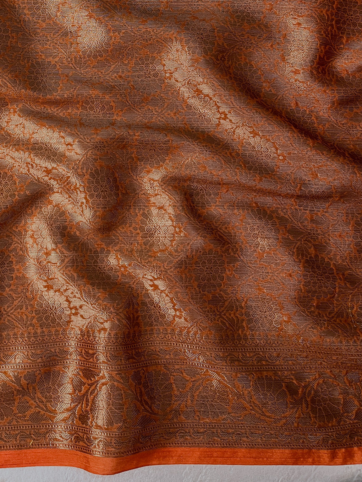 Banarasee Handloom Semi Silk Saree With Antique Zari Buti Design & Floral Border-Rust