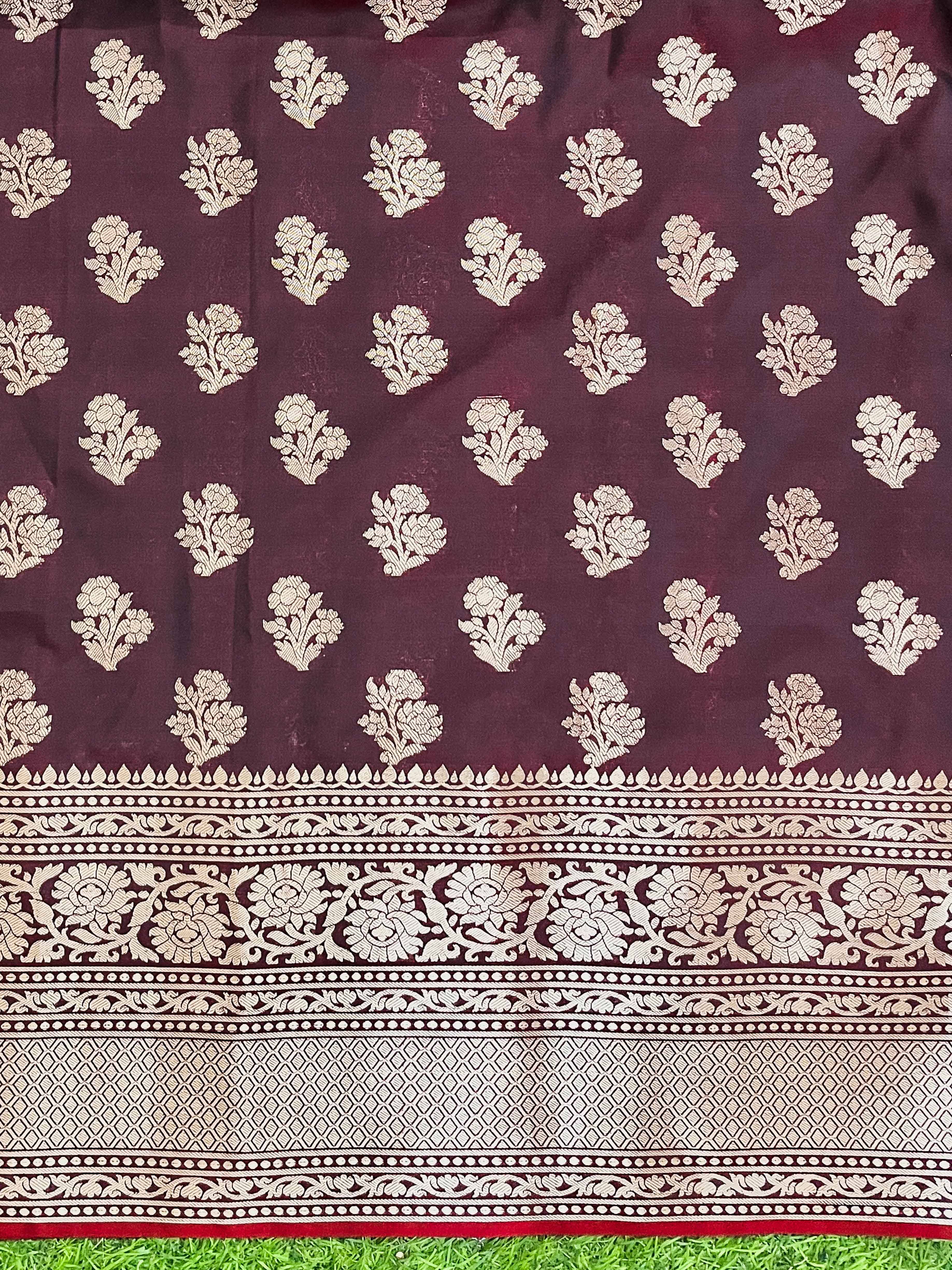 Banarasee Handloom Semi Silk Plain Saree With Broad Zari Border-Deep Maroon