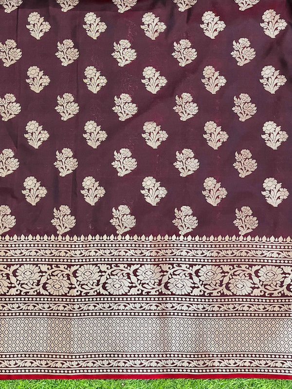 Banarasee Handloom Semi Silk Plain Saree With Broad Zari Border-Deep Maroon