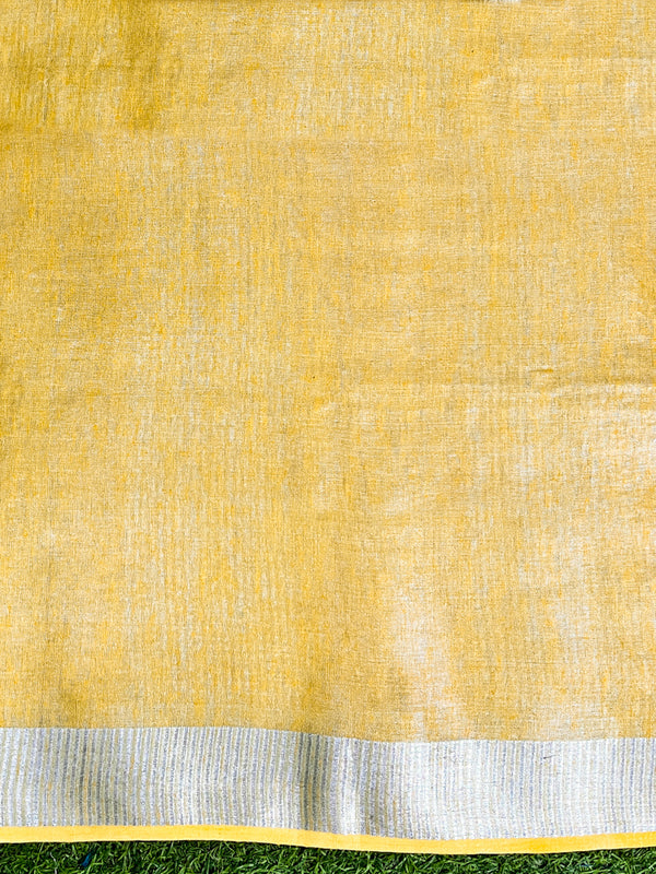 Bhagalpur Handloom Linen Tissue Shine Saree With Mirror Work & Cutwork Design-Yellow