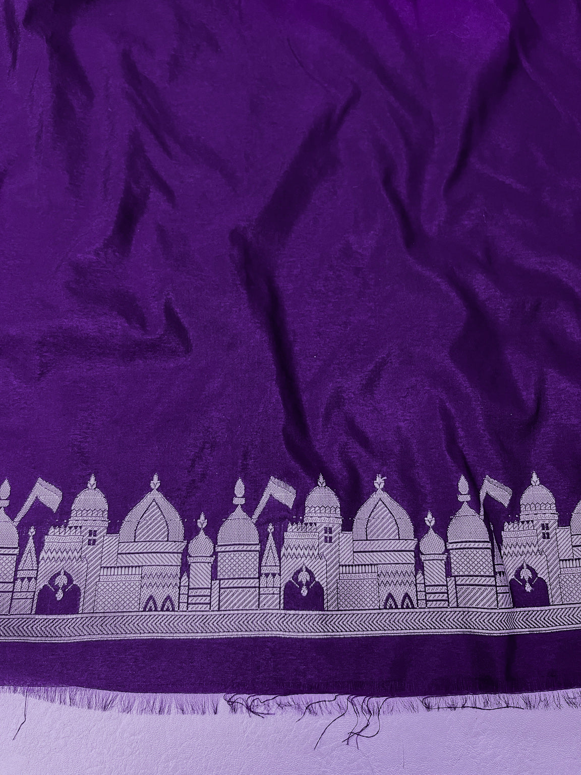 Banarasee Handloom Soft Silk Saree With Trishul Design Ganga Ghat Border & Lace-Violet