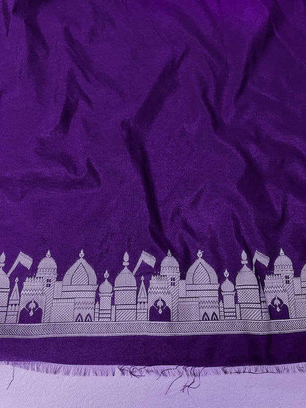 Banarasee Handloom Soft Silk Saree With Trishul Design Ganga Ghat Border & Lace-Violet