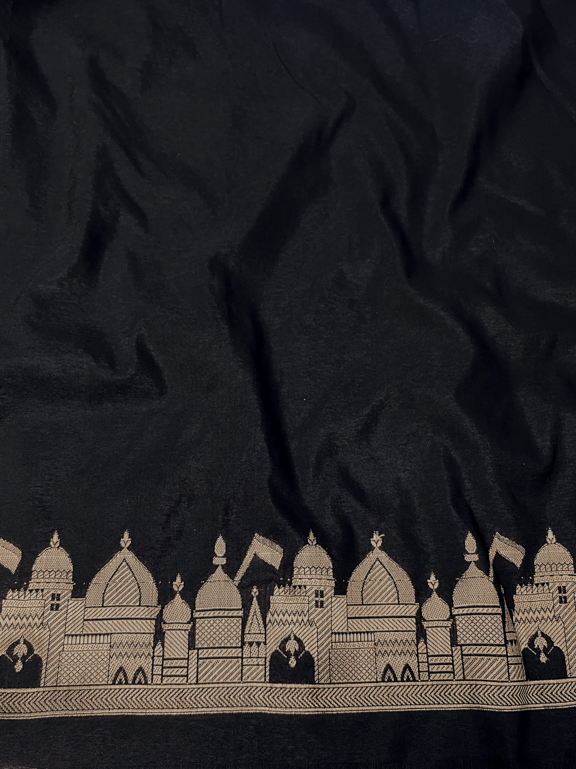 Banarasee Handloom Soft Silk Saree With Trishul Design Ganga Ghat Border & Lace-Black