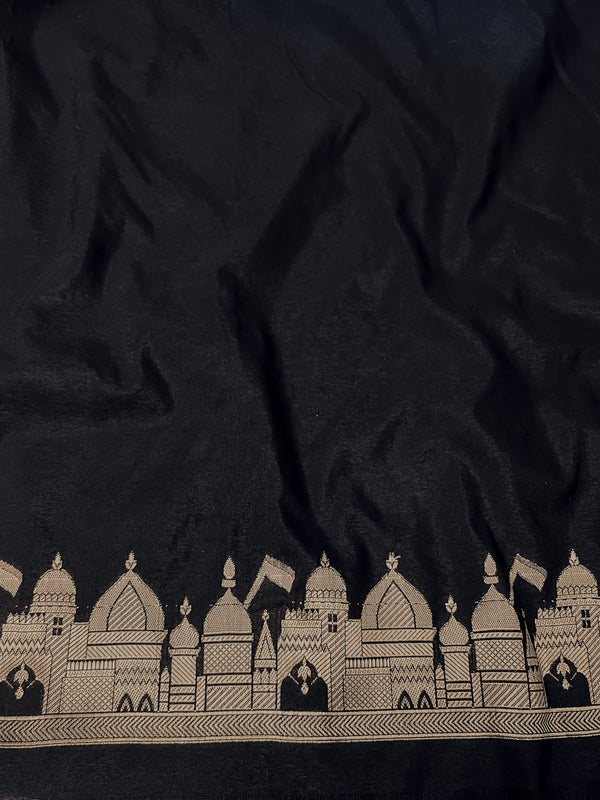 Banarasee Handloom Soft Silk Saree With Trishul Design Ganga Ghat Border & Lace-Black