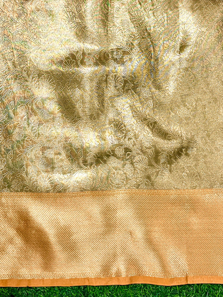 Banarasee Handloom Tissue Saree With Zari Woven Design & Lace-Gold