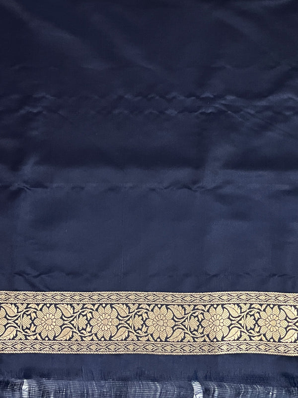Banarasee Handloom Semi Katan Saree With Buti Work & Border-Deep Blue