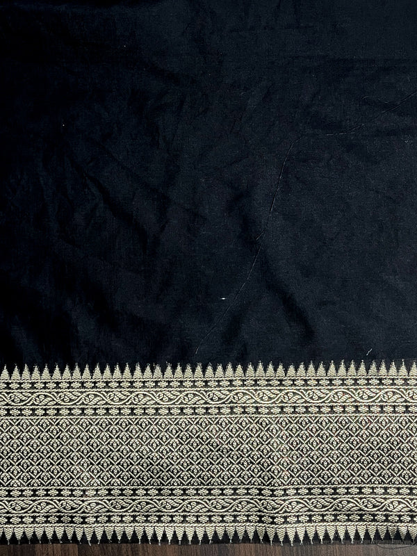 Banarasee Semi Chiffon Saree With Floral Zari Work & Border-Black