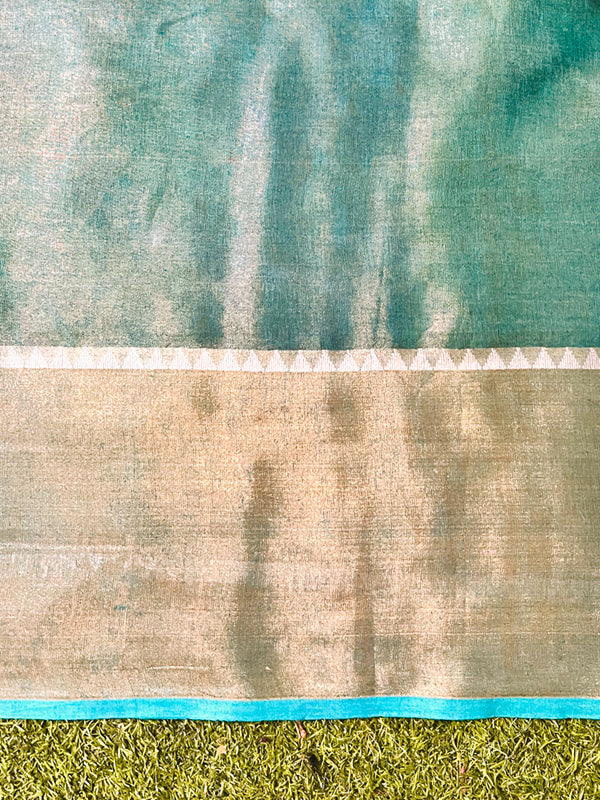 Bhagalpur Handloom Linen Tissue Batik Pattern Saree-Green