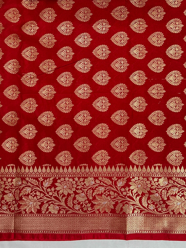 Banarasee Handloom Semi Silk Saree With Sona Rupa Zari Buta Design Floral Border & Lace-Deep Red