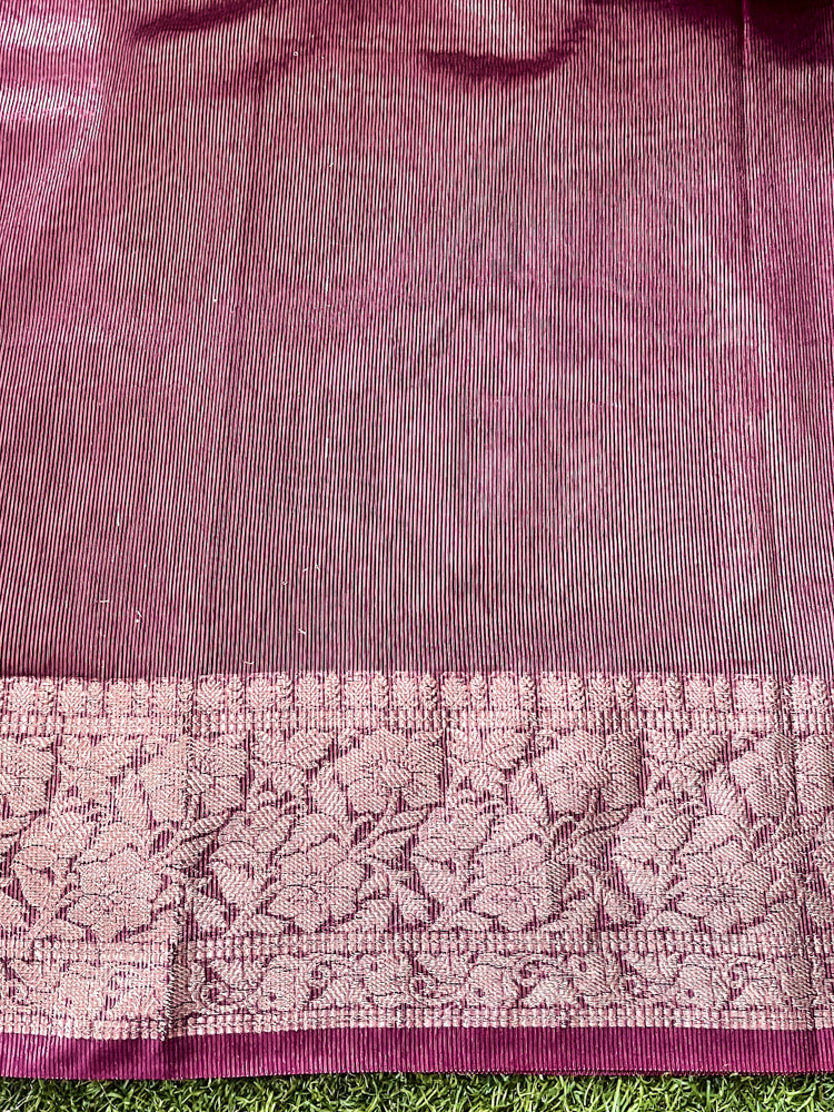 Banarasee Handloom Plain Tissue Saree With Zari Border & Lace-Magenta