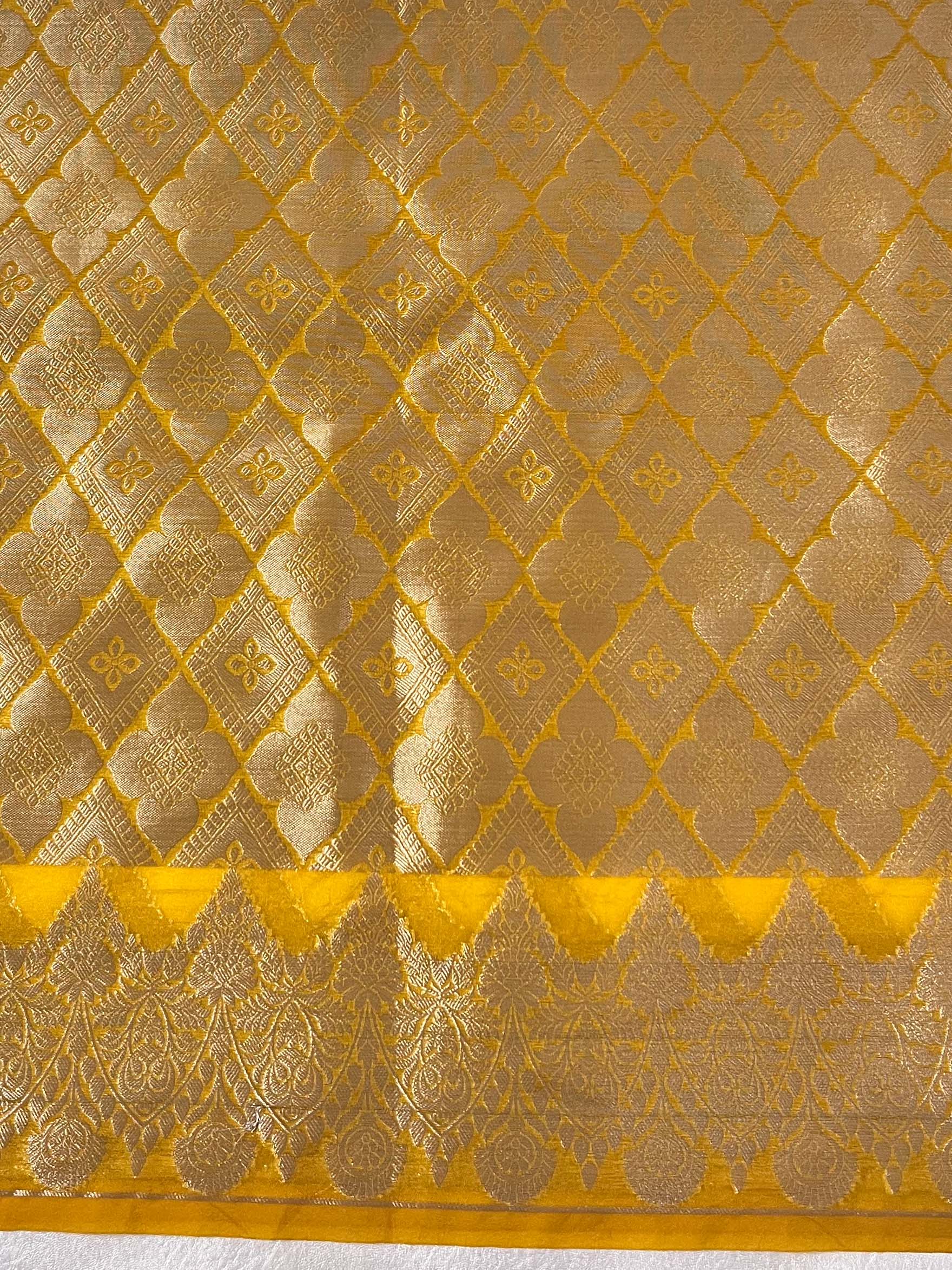 Banarasee Organza Mix Saree With Zari Buta & Scallop Border Design-Yellow