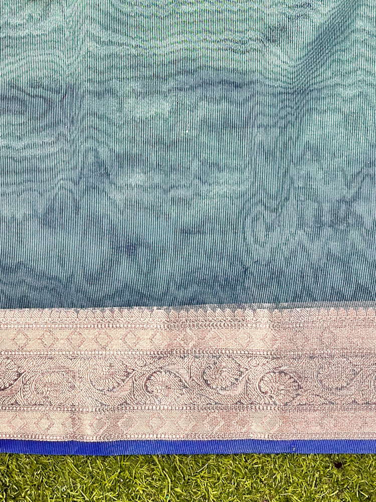 Banarasee Handloom Dual Tone Plain Tissue Saree With Zari Border & Lace-Green