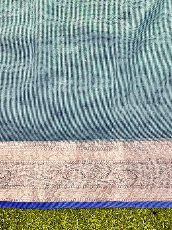 Banarasee Handloom Dual Tone Plain Tissue Saree With Zari Border & Lace-Green