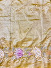 Banarasee Tissue Silk Saree With Zari Stripes & Resham Floral Embroidered Broad Border-Yellow