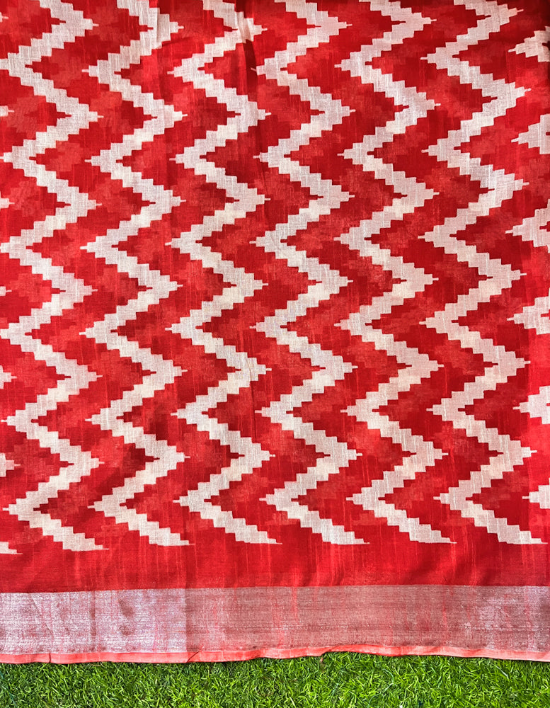 Bhagalpur Handloom Pure Linen Cotton Zig-Zag Pattern Saree-Red