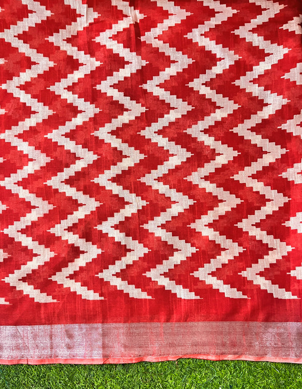 Bhagalpur Handloom Pure Linen Cotton Zig-Zag Pattern Saree-Red