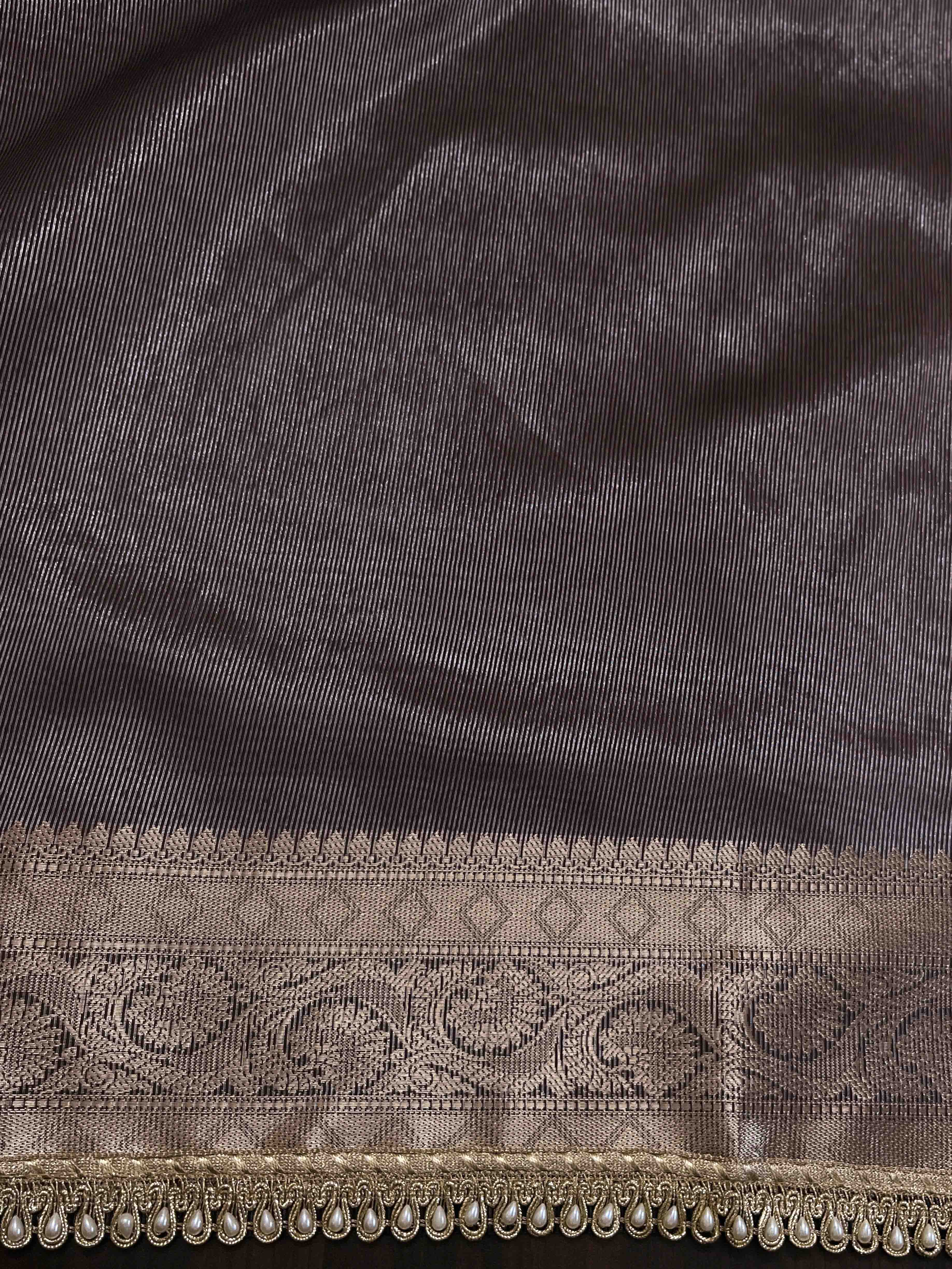 Banarasee Handloom Semi Silk Saree With Buti Design Gold Zari Border & Lace-Brown