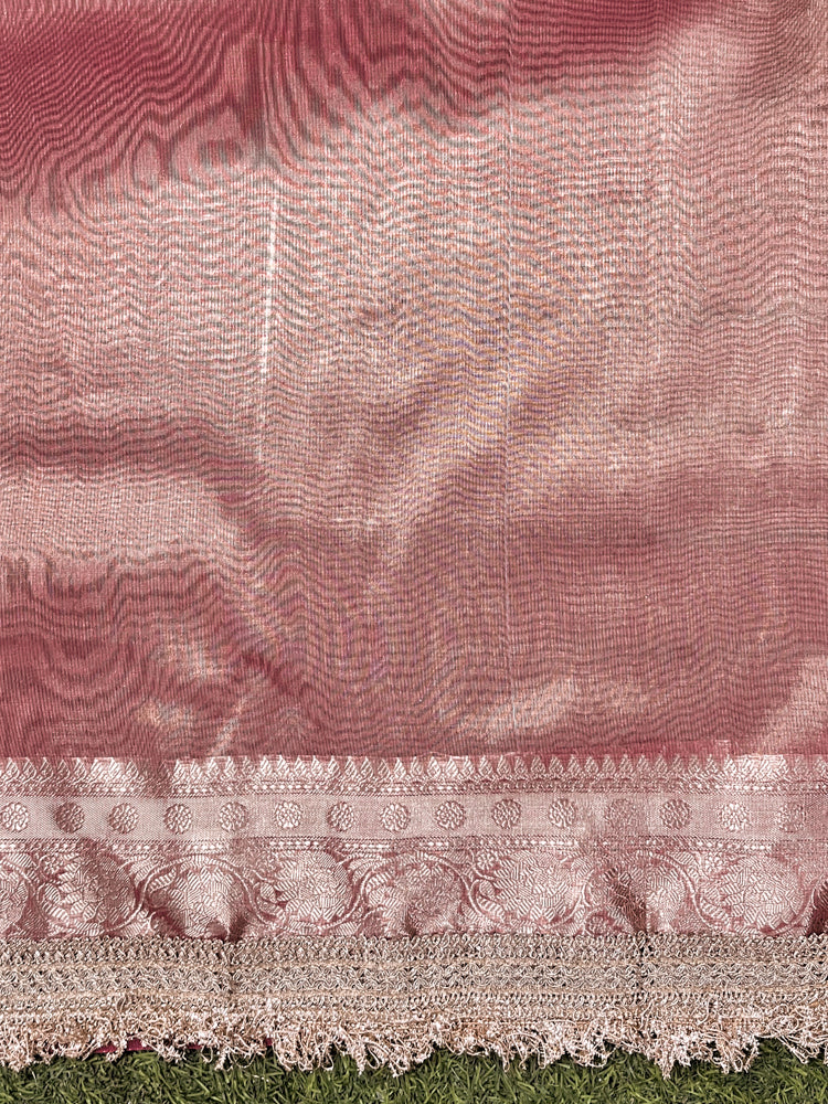 Banarasee Handwoven Tissue Saree With Zari Stripe Pattern Border & Lace-Peach