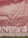 Banarasee Handwoven Tissue Saree With Zari Stripe Pattern Border & Lace-Peach