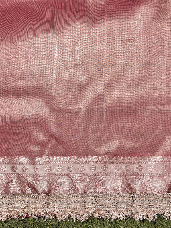 Banarasee Handwoven Tissue Saree With Zari Stripe Pattern Border & Lace-Peach