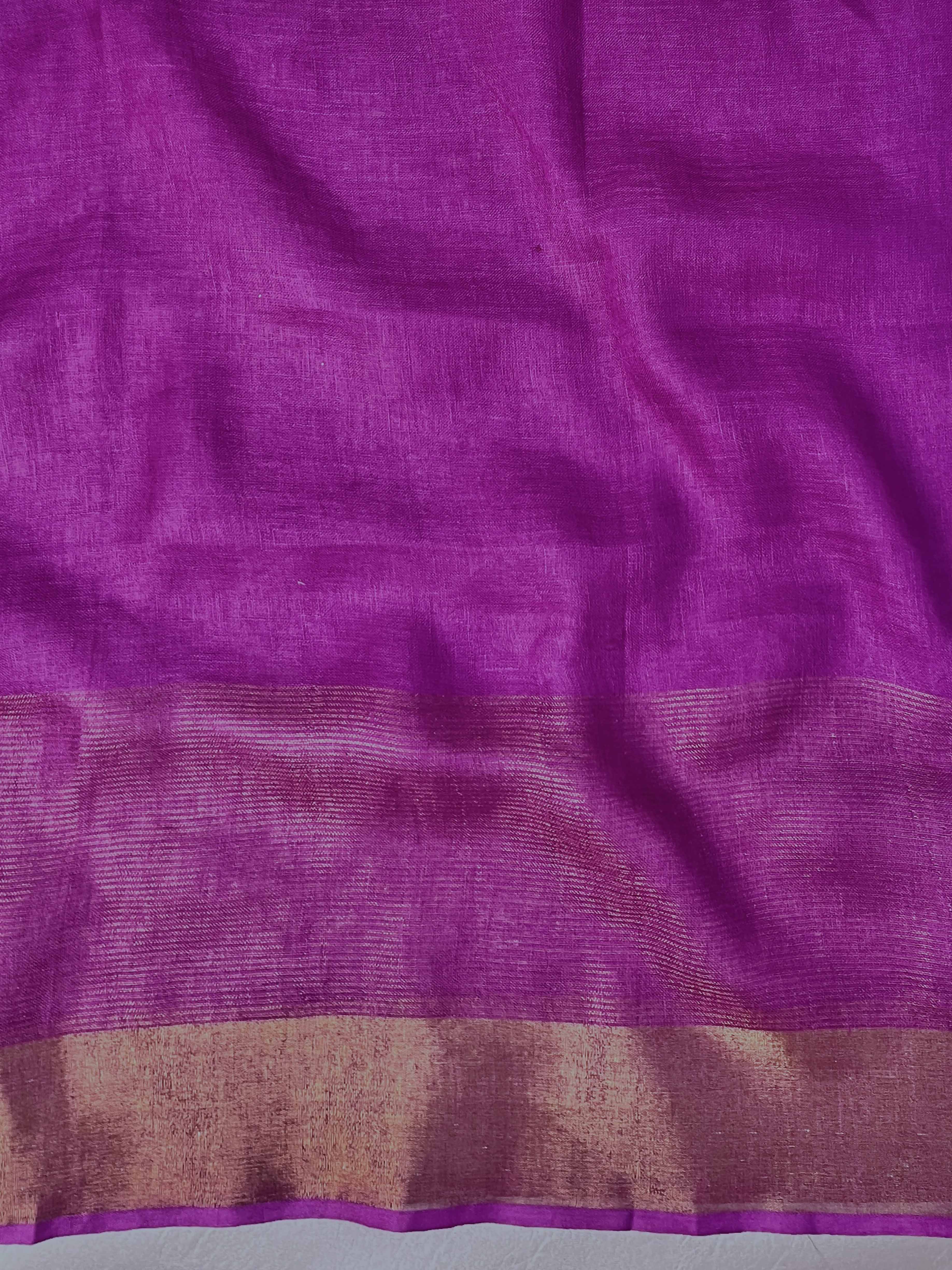 Banarasee Handloom Pure Linen Saree With Gold Zari Border-Multicolor