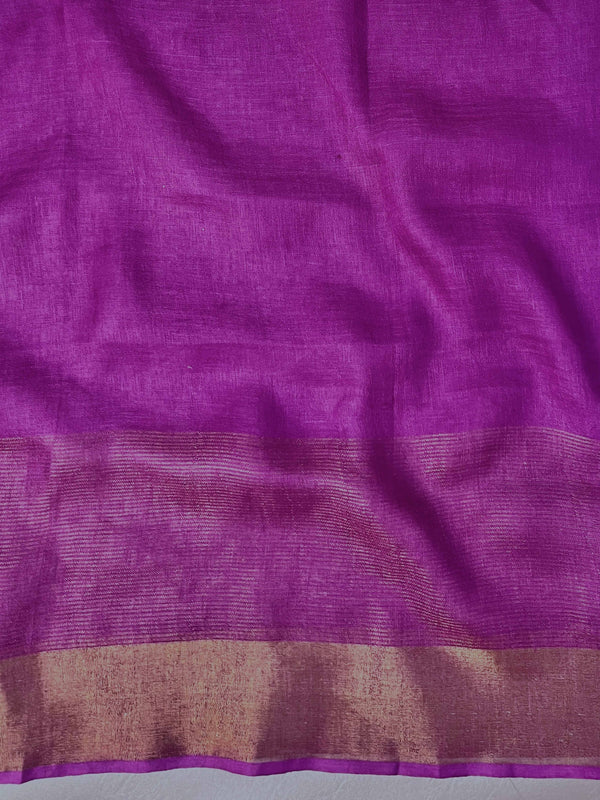Banarasee Handloom Pure Linen Saree With Gold Zari Border-Multicolor