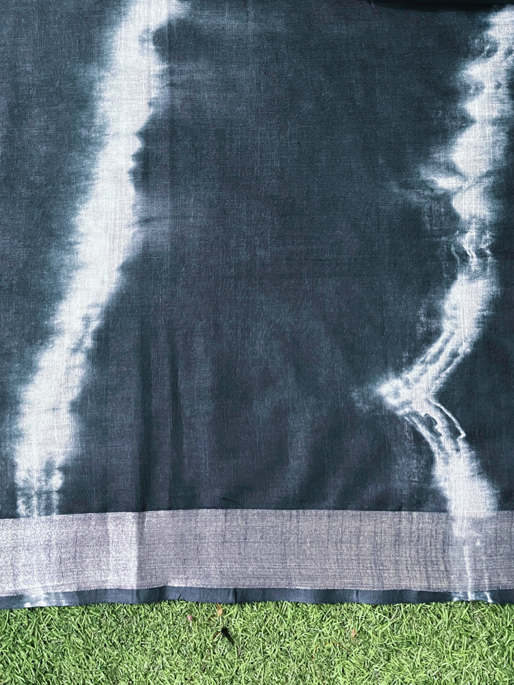 Banarasee Handloom Cotton Silk Hand Dyed Shibori Pattern Saree-Slate Blue