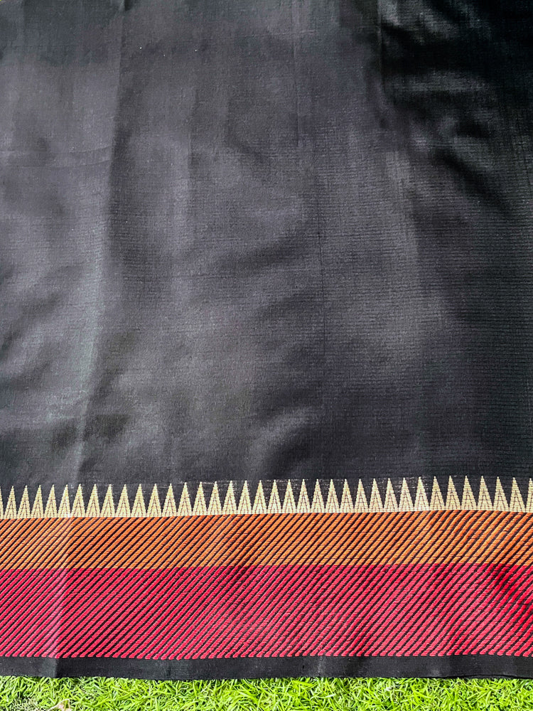 Banarasee Handloom Dual Color Tissue Saree With Stripe Pattern & Contrast Border-Grey & Black