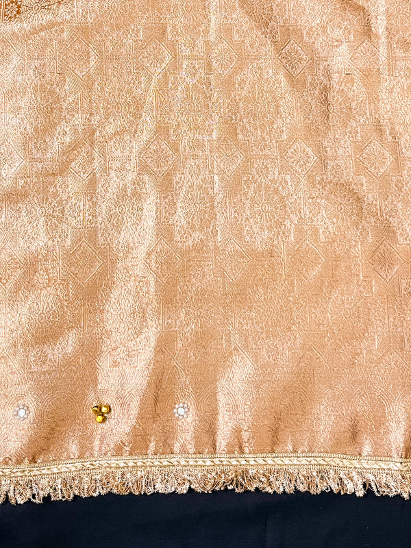 Banarasee Tissue Hand Embroidered Mirror Work Saree With Zari Resham & Ghungroo Work-Peach