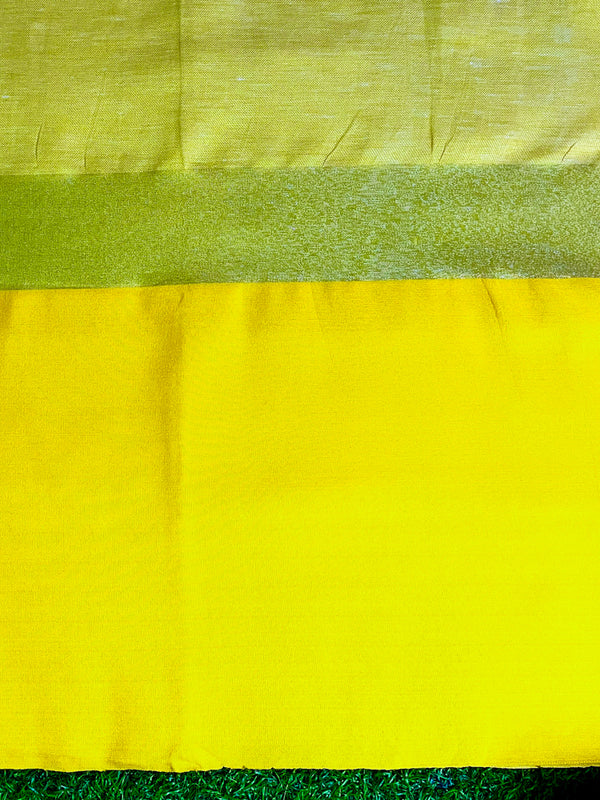 Bhagalpur Handloom Pure Linen Saree With Broad Contrast Border-White & Yellow