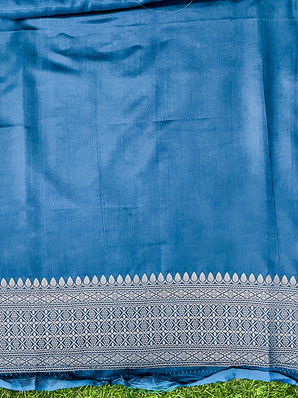 Banarasee Handloom Plain Mashru Silk Saree With Lace Border & Meenadar Pallu-Blue