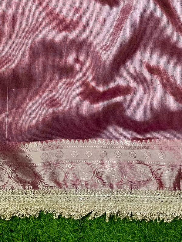 Banarasee Handwoven Tissue Saree With Zari Stripe Pattern Border & Lace-Red