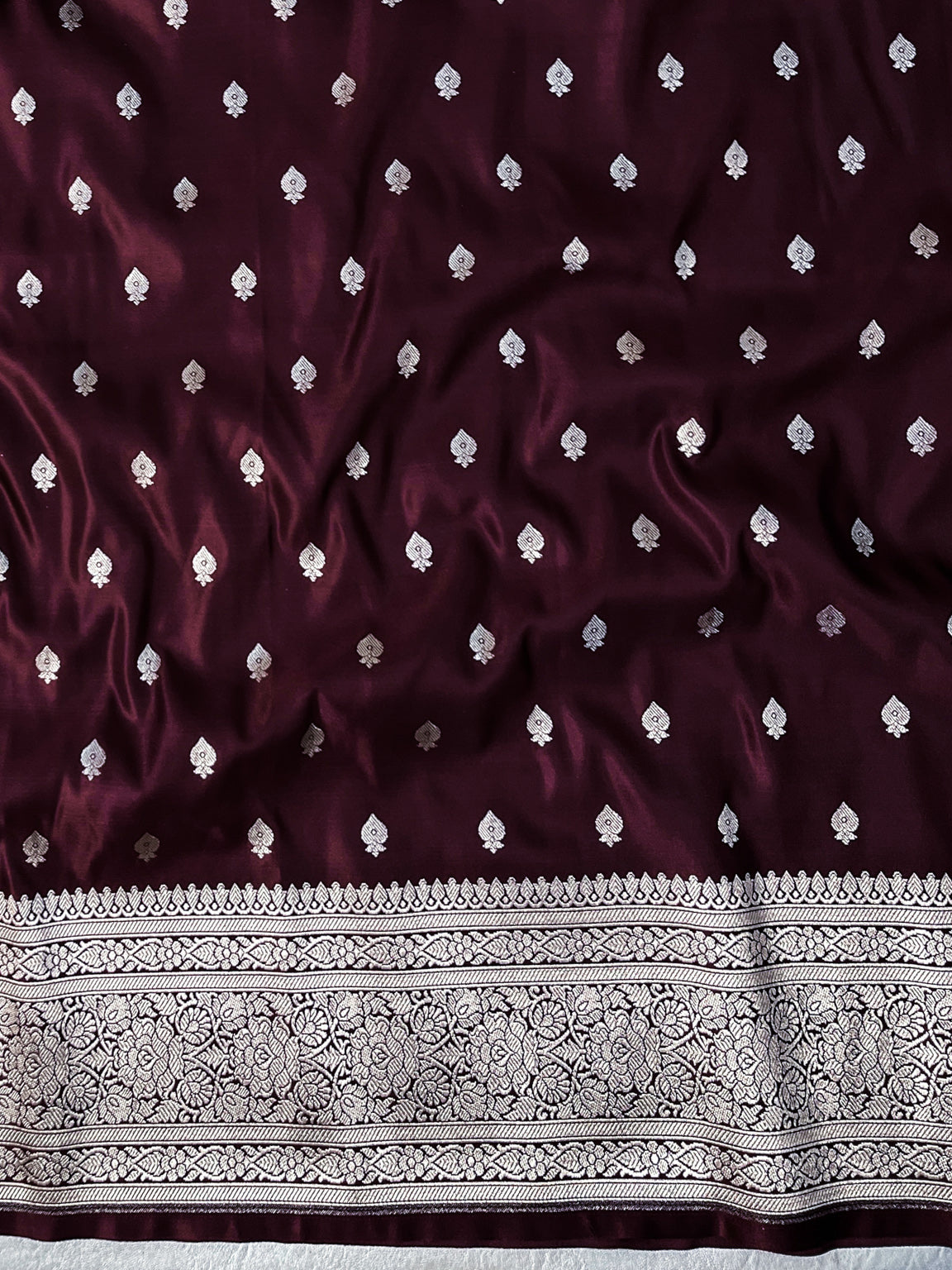 Banarasee Handwoven Plain Semi Katan Saree With Broad Zari Border-Deep Maroon