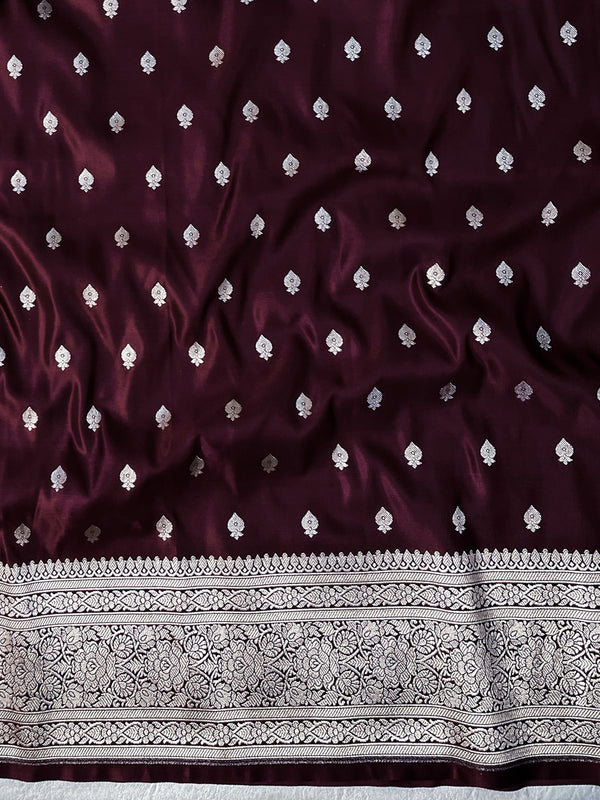 Banarasee Handwoven Plain Semi Katan Saree With Broad Zari Border-Deep Maroon