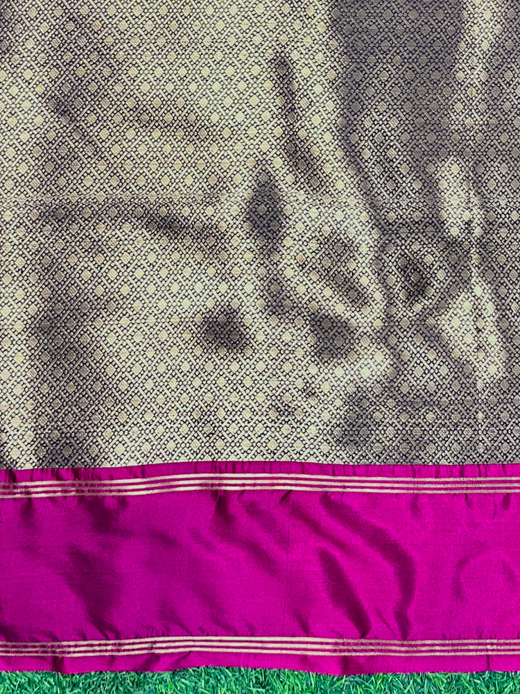 Banarasee Handloom Semi Silk Saree With Buti Design & Contrast Border-Black & Magenta