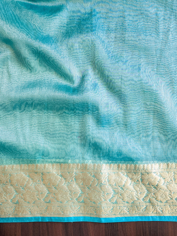 Banarasee Handloom Dual Shade Tissue Saree With Zari Border & Lace-Light Blue
