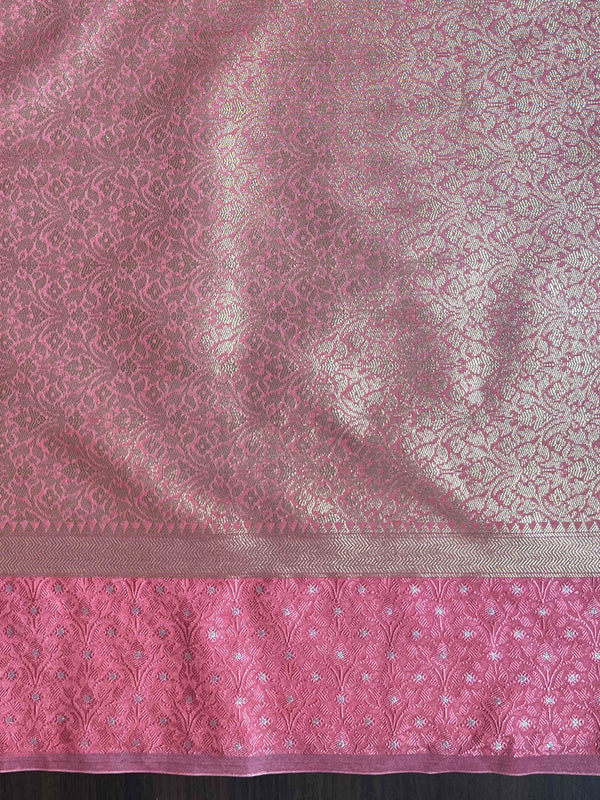 Banarasee Handloom Dupion Silk Saree With Zari Buti Design & Contrast Border-Red & Light Pink
