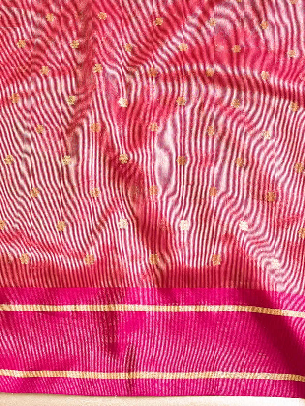 Banarasee Organza Saree With Zari Buti & Satin Border-Pink