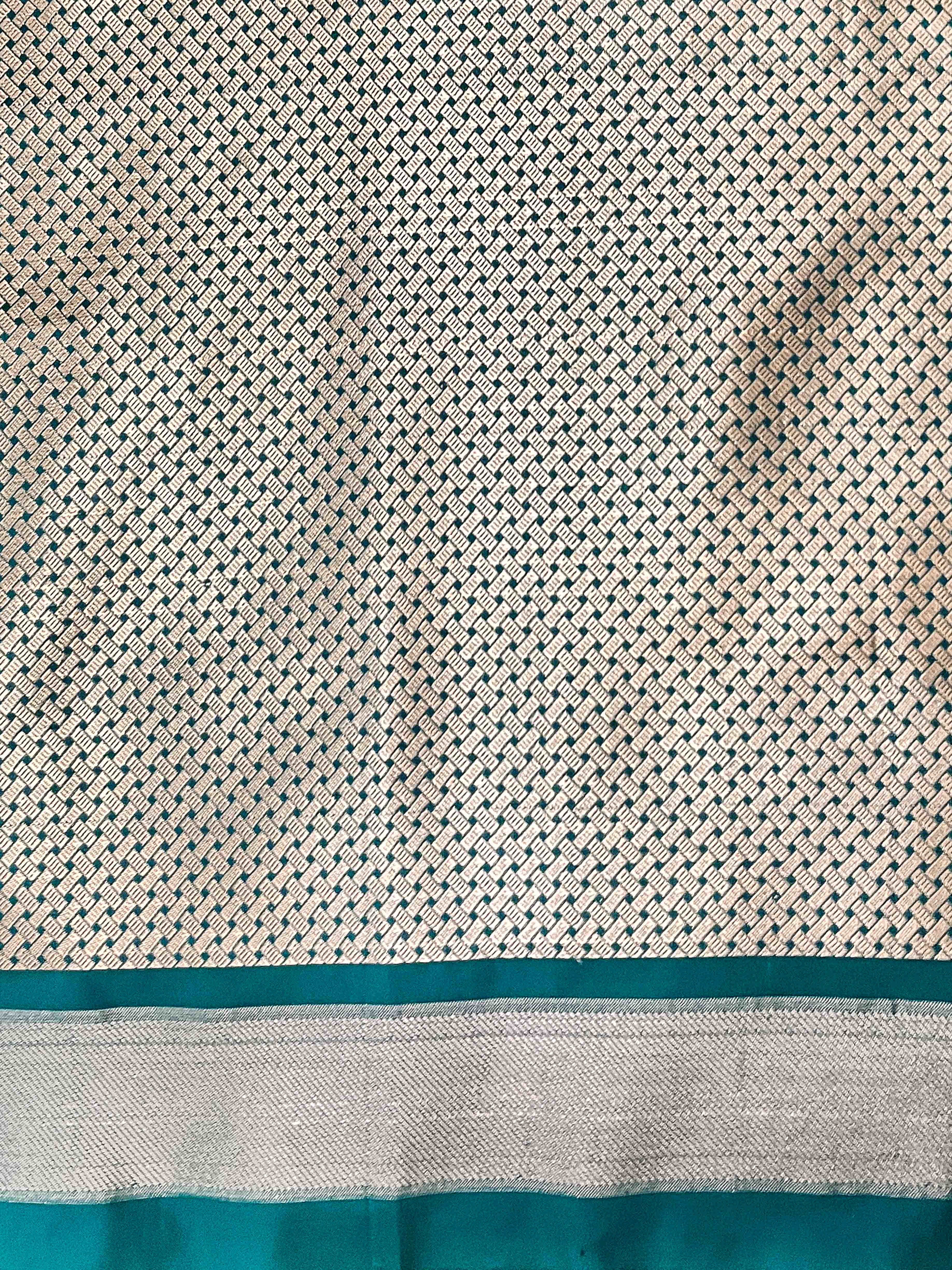 Banarasee Handloom Semi Silk Saree With Sona Rupa Zari Buti Design & Floral Border-Teal Green