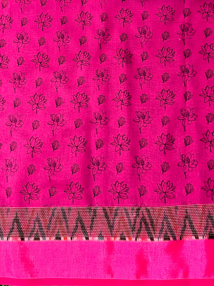 Banarasee Handloom Cotton Silk Saree With Digital Floral Prints & Contrast Border-Grey